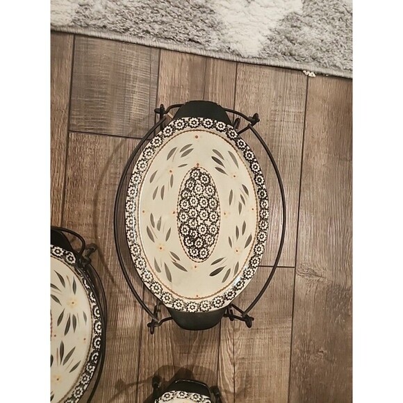 3 Temp-tations Old World Blue Ovenware Oval Platters w/ Wire Stand With Handles - Picture 2 of 12